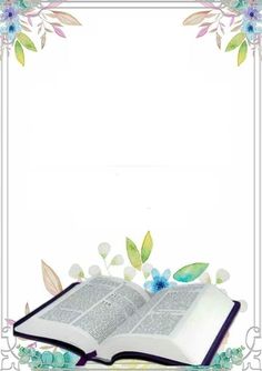 an open book sitting on top of a table with blue flowers around it and a white background