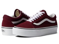 Vans Old Skool Platform - Skate Shoes : Port Royale/True White : Keep your style on point with the eye-catching Vans Old Skool Platform shoes! Platform sneakers in an iconic low-top silhouette. Sturdy canvas and suede uppers. Padded collars for support and flexibility. Metal eyelets. Reinforced toecap for long-lasting wear. Classic side stripe detailing. Platform signature rubber waffle outsole. Imported. Measurements: Weight: 1 lb 1 oz Platform Height: 1 1 4 in Product measurements were taken u Red Platform Vans, Vans Sneakers University Red Round Toe, Vans Red Shoes, Red Wine Vans, Vans University Red Lace-up Sneakers, Vans Authentic Red, Old Skool Platform, Vans Kids, Black Platform Shoes