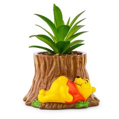 a potted plant with a winnie the pooh figure sitting on top of it