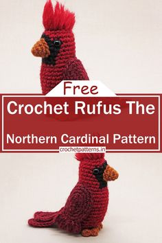 a crocheted red bird sitting on top of a white surface with the words free crochet rutus the northern cardinal pattern