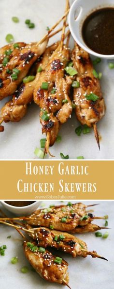 grilled chicken skewers with honey garlic sauce on top and in the middle