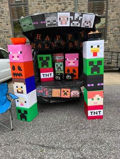 a car decorated with blocks and decorations for halloween