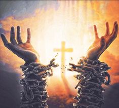 two hands are chained to chains with the cross in the background royalty illustration stock images