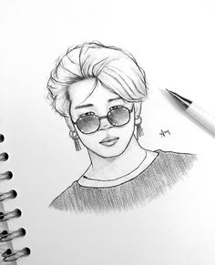 a pencil drawing of a woman with sunglasses