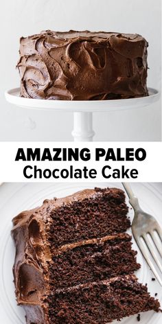 a chocolate cake on a white plate with the words amazing paleo chocolate cake above it