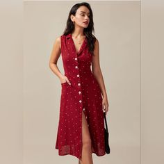 Red Polka Dot Dress Size Medium Red Polka Dot Dress, Tailored Clothes, Polka Dot Tie, V Neck Midi Dress, Sleeveless Midi Dress, Polka Dot Design, Dot Design, Red Midi Dress, Midi Maxi Dress