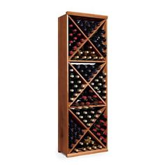 a wooden wine rack filled with lots of bottles