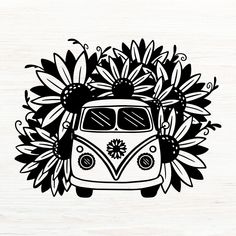 a vw bus with sunflowers and daisies in the back window vinyl wall decal