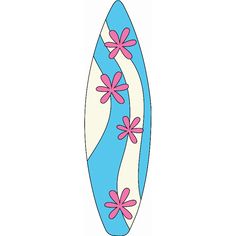 a blue and white surfboard with pink flowers on it