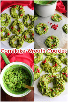 collage of cookies with green frosting and sprinkles on top, then decorated to look like wreaths