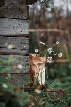 a brown paper bag with daisies in it sitting next to a wooden structure and grass