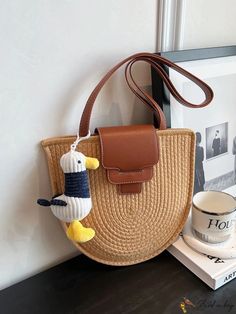 BirdinBag - Duck-inspired Straw Woven Womens Shoulder Bag for Stylish Decoration Travel Shoulder Bag With Single Top Handle, Daily Use Shoulder Bag With Single Top Handle, Daily Use Shoulder Bag With Top Handle, Handheld Satchel With Single Handle For Daily Use, Handheld Single Handle Satchel, Travel Tote Satchel With Single Handle, Shopping Straw Satchel For Mobile Phone, Rectangular Single Handle Bag For Errands, Brown Travel Bag With Single Handle