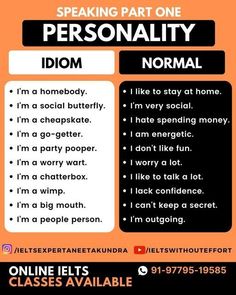 an orange and black poster with the words speaking part one personality idm, i'm