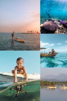 four different pictures show people in boats and on the water, with one person riding a surfboard