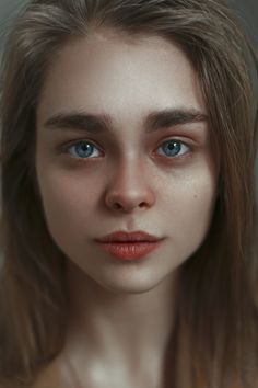 a woman with long hair and blue eyes is shown in this digital painting style photo