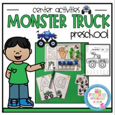 a monster truck preschool worksheet with an image of a boy in green shirt