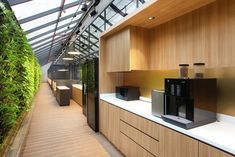 an indoor kitchen with plants growing on the wall and counter tops in front of it