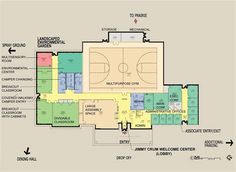 the floor plan for an indoor basketball court with seating areas, and several other amenities