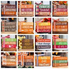 many different types of wooden signs are shown in this collage with the words welcome and grateful on them