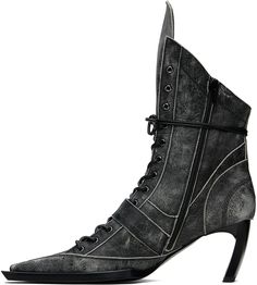 Handcrafted ankle-high buffed leather boots in black. · Distressing and fading throughout · Pointed square toe · Lace-up closure · Pin-buckle strap at vamp · Extended tongue · Zip closure at inner side · Logo embossed at molded leather footbed · Grained leather lining · Curved heel with rubber injection · Leather sole · Heel: H2.75 in Supplier color: Moto black Edgy Fitted Heeled Boots With Square Toe, Edgy Leather Boots With Square Toe, Gothic Leather Lace-up Boots With Pointed Toe, Gothic Leather Lace-up Moto Boots, Luxury Black Lace-up Boots With Reinforced Heel, Black Synthetic Lace-up Moto Boots, Black Gothic Lace-up Moto Boots, Luxury Black Moto Boots With Lace-up Fastening, Leather Boots