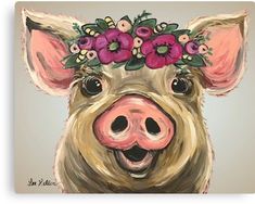 a painting of a pig with flowers on its head