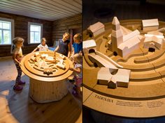 children playing with wooden model airplanes in a museum setting and an image of a maze