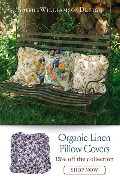 Organic linen pillow covers.  15% off the collection.  shop now!  Image shows a variety of ruffled pillows on a charming bench in an outdoor setting and a blue printed ruffled pillow next to the text. Woodland Theme Wedding