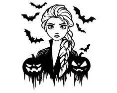 a girl with long hair and braids in front of halloween pumpkins, black and white