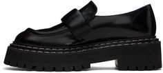 Polished calfskin loafers in black. · Moc toe · Strap at vamp · Topstitching at tiered welt · Grained leather and suede lining · Foam rubber platform midsole · Lugged rubber sole · Platform: H1.25 · Heel: H2 Supplier color: Black Black Calf Leather Platform Loafers With Lug Sole, Black Calf Leather Platform Loafers With Leather Sole, Black Square-toe Calf Leather Loafers, Black Square Toe Calf Leather Loafers, Black Calf Leather Platform Loafers For Work, Lug Sole, Proenza Schouler, Calf Skin, Rubber Sole