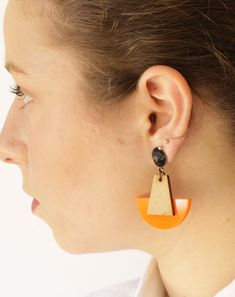 "Orange geometric crescent half-circle drop dangle earring. Length: 6.0 cm, width: 4.5 cm, weight (pair): 20 gr - The sizing is perfectly designed and lightweight to ensure your comfort. They are trendy and colorful. Exactly the right touch to everyday outfits. Great as a gift for a stylish woman. Dimensions: Length:6 cm // 2.3\" Width: 4.5cm // 1.2\" Colors: orange, wood, black ♥ Check out these geometric earrings in another color combination: https://www.etsy.com/listing/843806100/ More geomet Modern Orange Drop Earrings, Minimalist Orange Earrings For Everyday, Orange Minimalist Earrings For Everyday, Everyday Minimalist Orange Earrings, Modern Orange Earrings For Everyday Wear, Flower Statement Necklace, Crescent Earrings, Flower Shoes, Precious Rings