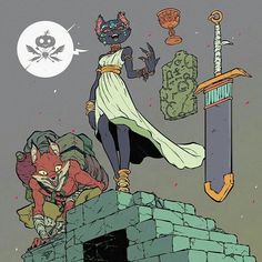 an image of a cartoon character on top of a brick structure with other characters around it