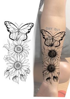 a woman's leg with flowers and butterfly tattoos on the side of her leg