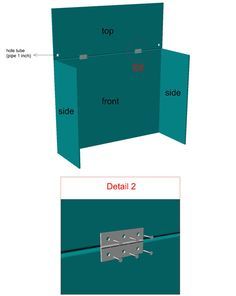 the top and bottom side of a green box with metal latches on it, labeled in