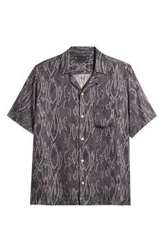 Patterned in shadowy snakeskin, this camp shirt made of soft viscose features a relaxed fit that keeps you comfortable whether you're exploring or relaxing. 27 1/2" length; 45" chest (size Medium) Front button closure Convertible collar Short sleeves Chest patch pocket 100% viscose Machine wash, tumble dry Imported Allsaints Casual Summer Shirt, Casual Allsaints Summer Shirt, Allsaints Casual Camp Collar Shirt, Allsaints Short Sleeve Summer Shirt, Allsaints Collared Summer Shirt, Allsaints Casual Relaxed Fit Camp Shirt, Allsaints Relaxed Fit Camp Shirt With Camp Collar, Convertible Collar, Camp Shirt