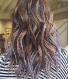 Light Brown Hair With Lilac Highlights, Blonde Hair With Color Underneath Ideas, Lilac Balayage, Lavender Balayage, Purple Hair Color Ideas, Coffee Brown Hair, Brown Ombre Hair Color, Purple Hair Color