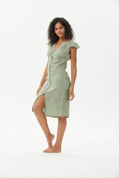 Linen Sling Button Dress Green Summer Dress With Button Closure, Green Summer Dresses With Button Closure, Beach Cotton Midi Dress With Buttons, Summer Daywear Midi Dress With Button Closure, Summer Midi Dress For Daywear With Button Closure, Cotton V-neck Dress With Button Closure, Summer Button-up Midi Dress, Summer Button-up Midi Dress With Button Closure, Cotton Dresses With Button Closure For Spring