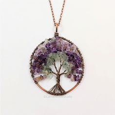 Celtic Beaded Tree of Life Necklace / Purple Amethyst / Green Aventurine / Copper Wire Wrapped Tree Pendant / Gift for Mom / Family Tree This tree of life pendant necklace is one of a kind, made to order, and handmade with beautiful purple amethyst and green aventurine stone beads wrapped into a tree design with antiqued copper jewelry wire. It hangs on a delicate yet sturdy 2mm antiqued copper cable chain necklace. The pendant measures around 2.5 inches long by 2 inches wide. Necklace lengths a Antique Copper Jewelry, Wire Wrapped Tree, Green Aventurine Stone, Celtic Tree Of Life, Aventurine Stone, Celtic Tree, Necklace Purple, Tree Of Life Necklace, Beaded Wraps