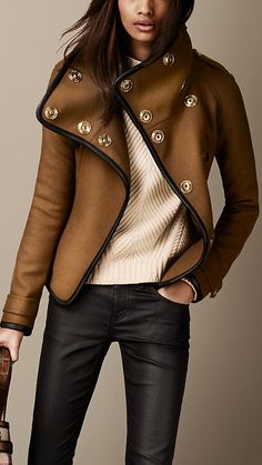 Leather Trim Blanket Wrap Jacket by burberry #Jacket Burberry Leather Jacket, Burberry Coat, Wrap Jacket, Mode Casual, Burberry Jacket, Outfit Trends, Long Sleeves Coats, Blanket Wrap, Brown Jacket