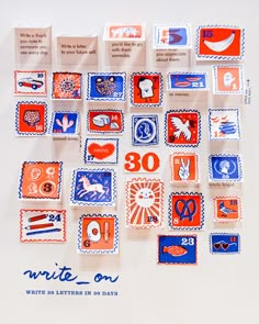 a bunch of stamps that are on top of a sheet of paper with the words write something in 30 days