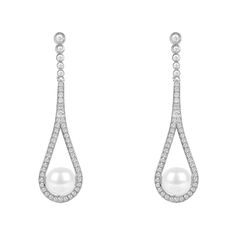 Formed of a long drop which cradles a freshwater pearl these sleek and contemporary pearl designer earrings are adorned with zirconia accents.   The vast amount of zirconia makes these earrings hypnotic with their dazzling effect as they catch the light from day to night.   The purity of these earrings make them an idea finishing touch for any evening, bridal or wedding attire. These earrings make an impact but are comfortable to wear. Pierced earrings with post back and butterfly fastening. Handcrafted using 925 sterling silver, AAA Cubic Zirconia. Freshwater pearl. This item is presented in a Latelita London black and gold printed jewellery packaging.   Care Instructions: To maintain your jewellery, wipe gently with a damp cloth that is soft and clean.   Do not soak in water. Avoid conta Pearl Drop Earrings Gold, Drop Earrings Silver, Printed Jewelry, Pink Jewelry, Gold Print, Silver Drop Earrings, Jewelry Packaging, Pearl Drop Earrings, Pearl Drop