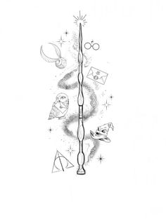 a drawing of an upside down candle with harry potter symbols on it and other objects around it