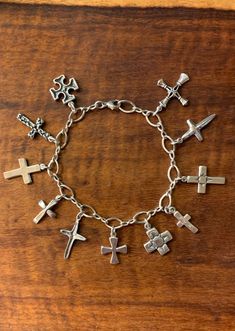 MANY CROSSES BRACELET - Charmworks Spiritual Silver Cross Charm Bracelet, Spiritual Silver Charm Bracelet With Cross, Nickel Free Sterling Silver Cross Bracelets, Spiritual Sterling Silver Cross Rosary Bracelet, Sterling Silver Cross Rosary Bracelet, Sterling Silver Spiritual Rosary Bracelet With Cross, Bracelet Chain, Elegant Bracelet, Cross Bracelet