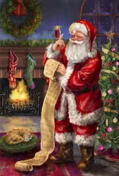 a painting of santa holding a scroll next to a fireplace