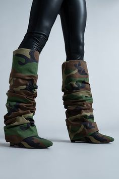 AZALEA WANG ZUMMA CAMO RUCHED WEDGE BOOT Adidas Adifom, Platform Heels Boots, Wedge Heel Boots, Azalea Wang, Thigh High Boots Heels, Women's Slip On Shoes, Animal Print Shoes, Boot Socks, Hats For Sale