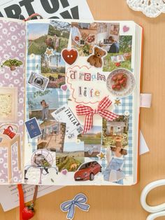 an open scrapbook with pictures and stickers on it