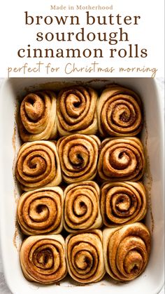 A pan of sourdough cinnamon rolls before they have been frosted. Sourdough Christmas Breakfast, Brown Butter Sourdough Cinnamon Rolls, Long Ferment Sourdough Recipes, Best Sourdough Recipes, Christmas Sourdough Recipes, Sweet Sourdough Recipes, Sourdough Christmas Recipes, Healthy Sourdough Recipes, Healthy Christmas Breakfast