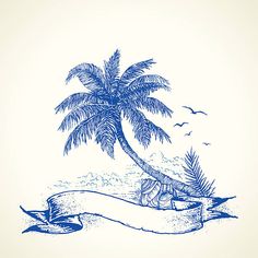 a blue and white drawing of a palm tree with a banner in the foreground