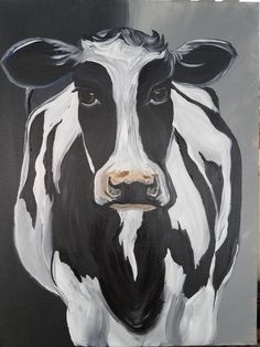 a painting of a black and white cow