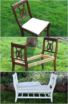 three different types of chairs and benches in the grass, one is made out of wood