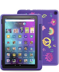 an image of a purple tablet with colorful designs on it's screen and cover